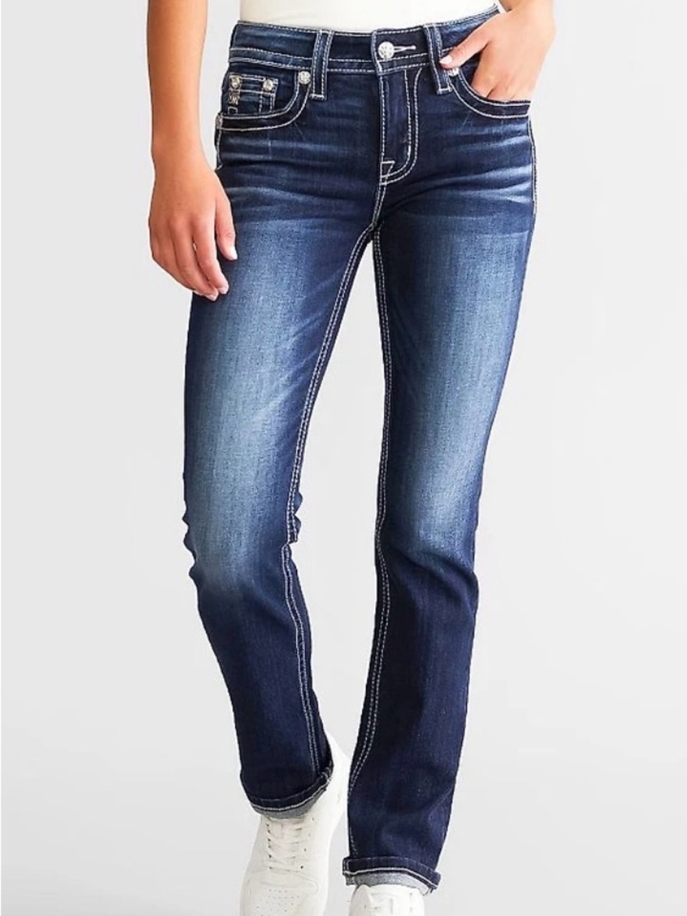 MISS ME | Mid-Rise Straight Stretch Dark Wash Jean 28 Horseshoe Cowboy Boots Hat - Picture 2 of 16